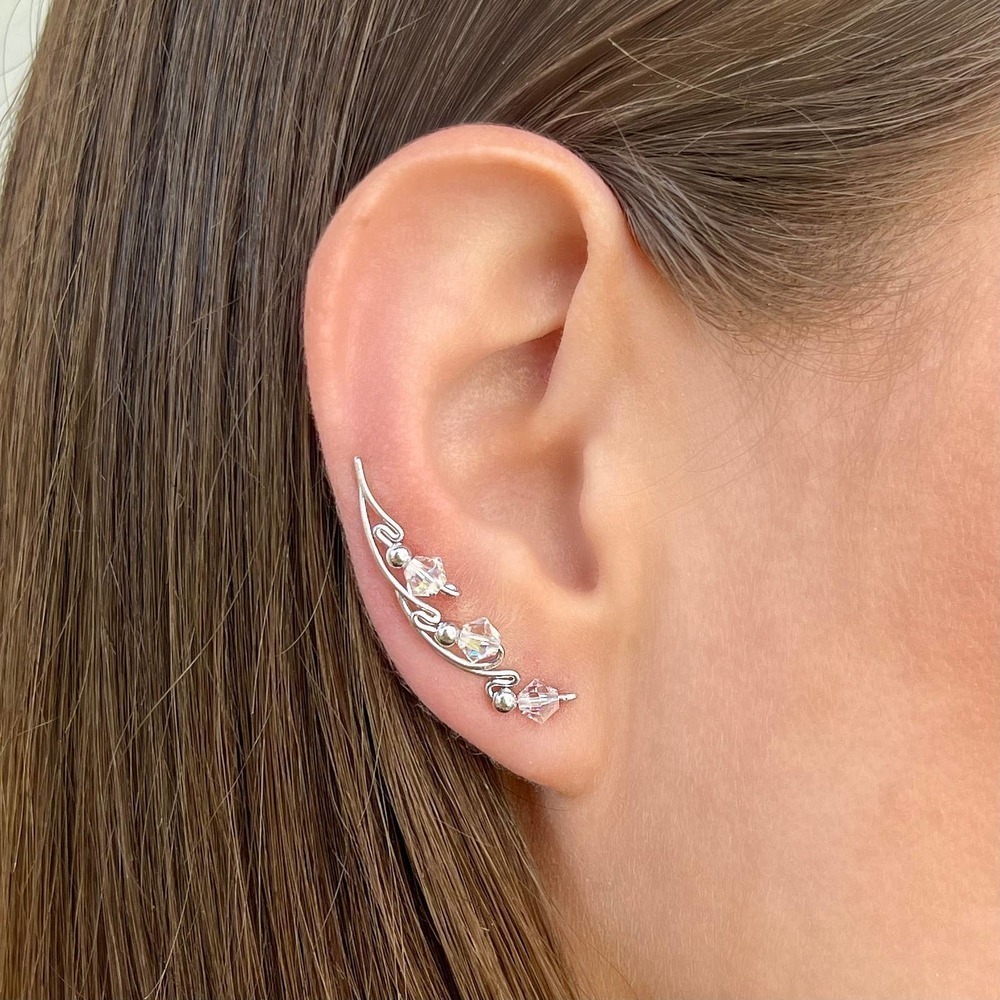 Wing Ear Climbers With Swarovski Crystals - Sterling Silver 925